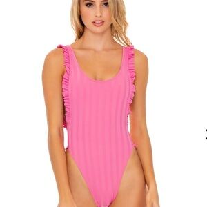 Luli Fama Tank Open Sides One Piece Thong Swimsuit Swim Pink Bubble Gum XS